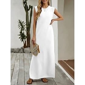 Women's Maxi Dress White Dress Elegant Fashion Modern Outdoor Vacation Going out Regular Fit Plain Sleeveless Crew Neck Blue White Navy Blue Dark Green Summer