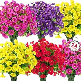24 Bundles Artificial Flowers for Outdoors Decoration Fake Silk Morning Glory Flowers Faux Eucalyptus Plants UV Resistant for Porch Patio Garden Spring Summer thumbnail 2