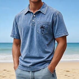 SoftFade™ Men's Palm Tree Acid Wash Shirt 100% Cotton Short Sleeve Polo Shirts Lapel Hawaiian Casual Athleisure Vacation Wear Pocket Buttons Spring  Summer Blu thumbnail 2