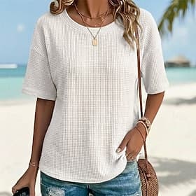 Women's Waffle Knit Tops T Shirt Classic Tee Top Solid Color Modern Casual Short Sleeve Crew Neck Regular Tops Daily Holiday Going out Black White Yellow Pink
