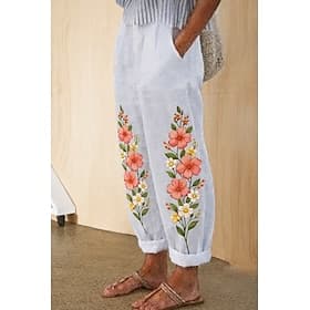 Women's Slacks Casual Pants Straight Vacation Basic Casual Full Length Ankle-Length Natural Floral Graphic Pocket Printing Elastic Drawstring Design Comfy Comf