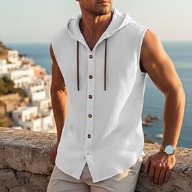 Men's Shirt Summer Shirt Beach Wear Button Up Shirt Plain Casual Daily Blue Black White Khaki Sleeveless Hooded Summer Spring Clothing Apparel Hooded