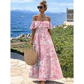 Women's Maxi Dress Boho Dress Sundress Casual Dress Ethnic Dress Elegant Bohemia Vacation Beach Holiday Date Loose Fit Floral Short Sleeve Off Shoulder Pink Su