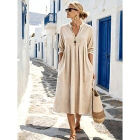 Women's Midi Cotton Linen Dress A Line Dress Casual Daily Loose Fit Plain 3/4 Length Sleeve V Neck Apricot Summer Spring
