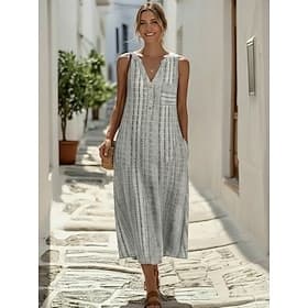 Women's Midi Dress Linen-feel Dresses Faux Cotton Linen Shift Dress Sundress Active Fashion Daily Outdoor Weekend Loose Fit Plaid Sleeveless V Neck Blue Black