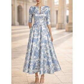 A-Linie Knöchellänge Tee-Länge Abendkleid Cocktailkleider Elegant Blumen Kurzarm V Ausschnitt Gartenparty Hochzeit Tasche Jacquard mit Blumenmuster Falten Tasc