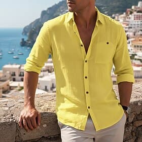 Men's Shirt Linen Shirt Summer Shirt Beach Wear Button Up Shirt Plain Casual Vacation Black White Yellow Navy Blue Long Sleeve Turndown Summer Spring Clothing