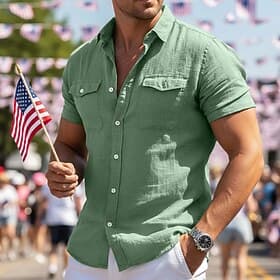 Herren Hemd Leinenhemd Sommerhemd Strandhemd Einfarbig Lässig Täglich Grün Hell Gray Leicht Blau Kurzarm Umschlagkragen Sommer Frühling  Sommer Bekleidung Tasc