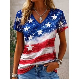Amerikanischer Unabhängigkeitstag Damen T Shirt Druck Grafik Flagge Vintage Stilvoll Klassisch Kurzarm V Ausschnitt Normale Oberteile Täglich Blau Purpur Grün