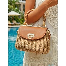 Women's Vintage Straw Woven Handbag with Bamboo Handle, Leather Flap Crossbody Bag with Adjustable Strap, Summer Beach Vacation  Daily Casual Tote, Multi-Color