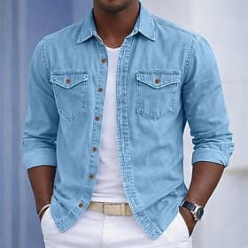 Men's Shirt Casual Shirt Button Up Shirt 100% Cotton Acid Wash Shirt Black khaki Gray Light Blue Long Sleeve Plain Shirt Collar Casual Daily Front Pocket Cloth