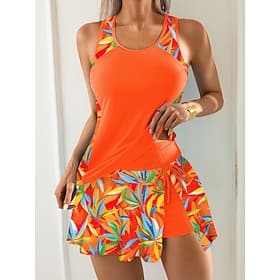 Women's Swimwear Tankini 2 Piece Skirt Swimsuit Tummy Control High Waist Slim Backless Vacation Beach Wear Floral Graphic U Neck Sleeveless Bathing Suits