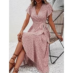Women's Midi Dress Boho Dress Casual Dress Floral Dress Elegant Fashion Modern Outdoor Vacation Going out Regular Fit Plain Short Sleeve V Neck Yellow Pink Red