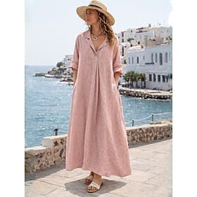 Women's Maxi Dress A Line Dress Casual Daily Loose Fit Plain Long Sleeve Lapel Black Pink Light Grey Summer Spring Fall