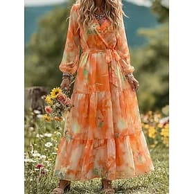 Women's Long Dress Maxi Dress Chiffon Dress Floral Dress Elegant Formal Daily Party Wedding Guest Regular Fit Floral Long Sleeve V Neck Purple Fuchsia Orange S