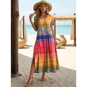 Femmes Robe Midi Robe trapèze Occasionnel Quotidien Plage Coupe Ample Graphique Géométrique Manche Courte Col ras du cou Bleu Violet Orange Vert Été Printemps