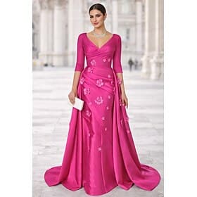 A-Line Sweep Brush Train Floor Length Evening Gown Ball Gown with Overskirt Elegant Glittering Floral Half Sleeve V Neck Prom Evening Party Pink Dress Satin wi