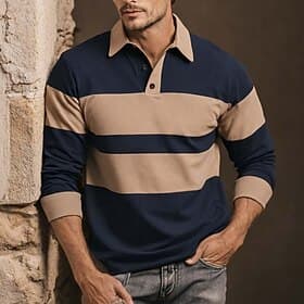 Men's Horizontal Stripes Rugby Polo Long Sleeve Polo Shirts Collared Shirts Casual Outdoor Athleisure 3D Print Spring Fall Blue Brown Green