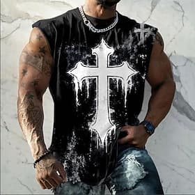 Men's Crusaders Bible Gothic Cross Smoke Graphic Sleeveless T-Shirt All Over Print Dark Aesthetic Tank Top Muscle Shirt Biker Streetwear Designer Clothing Appa