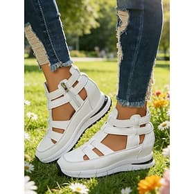 Women's White Cutout Wedge Sandals, Hidden Heel Casual Walking Shoes with Zipper for Outdoor Walking, Travel  Everyday Wear