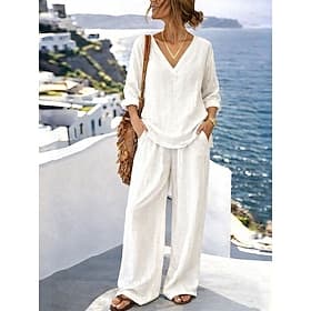 Women's Cotton Linen Sets Pants Sets Long Sleeve V Neck Solid Color Fashion Streetwear Casual Daily Outdoor Blue White Brown Summer Loose Fit