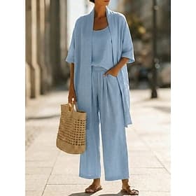 Women's Linen-feel Set Pants Sets Short Sleeve Crew Neck Solid Color Fashion Streetwear Casual Daily Outdoor Blue Black White Spring Summer Loose Fit