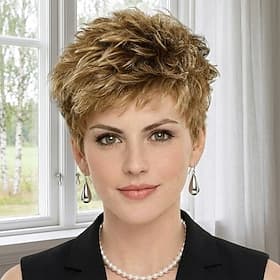 Peluca elegante de corte pixie con puntas para mujer: rubia texturizada con mucho volumen