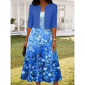 Women's Dress Set Midi Dress A Line Dress Elegant Casual Floral Graphic Print Midi Dress Half Sleeve V Neck Daily Blue Purple Green Summer Spring Regular Fit thumbnail 2