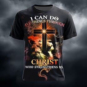 Men's Bible Judah Lion Glowing Cross I Can Do All Things Through Christ Who Strengthens Me Religious Motivational Verse 3D All Over Print T-shirt Regular Fit C