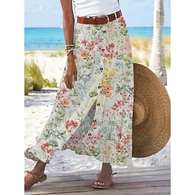 Women's Vacation Skirt Fashion Casual Maxi High Waist Skirts Floral Letter Print Inelastic Daily Street White Yellow Pink Summer