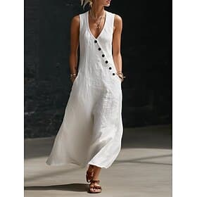 Women's Midi Dress Linen-feel Dresses Sundress A Line Dress Vacation Casual Boho Daily Beach Holiday Plain Sleeveless V Neck Blue Black White Yellow Summer Spr