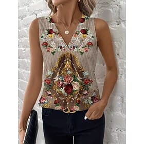 Women's Tank Top Floral Graphic Tribal Elegant Vintage Tropical Sleeveless V Neck Regular Tops Daily White Camel Summer Spring