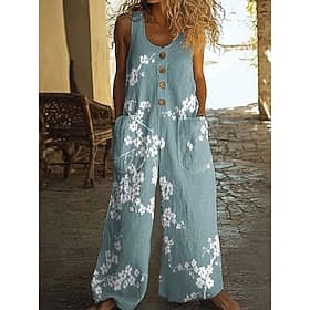 Damen Normal Overall Aktiv Blumen Ärmellos Weites Bein U-Ausschnitt Tasche Knöpfe Täglich Urlaub Lässiger Schnitt Blau Königsblau Grün Sommer