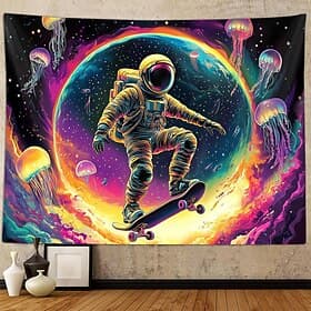 Psychedelic Astronaut Skateboarder Space Wall Tapestry Neon Jellyfish Galaxy Colorful Planet Trippy Surreal Art Bedroom Gaming Room Dorm Decor Aesthetic Mural