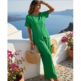Women's T Shirt Pants Sets Bolero Top Short Sleeve Crew Neck Round Neck Solid Color Fashion Streetwear Daily Outdoor Vacation Red Navy Blue Green Summer Regula thumbnail 2