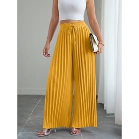 Damen Weite Hosenbeine Chinos Urlaub Streetwear Lässig Volle Länge Mittlere Taillenlinie Einfarbig Kordelzug Plissiert Tasche Bequem Atmungsaktiv Mikroelastisc