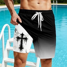 Men's Gradient Color Cross Lined Shorts 2 in 1 Board Shorts Bathing Suits Swim Shorts Mid Waist Retro Vintage Beach Vacation Wear Side Pockets With Compression