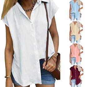 Dames Blouse Katoenen shirt Knop Effen Kleur Vintage Dagelijks Stijlvol Korte mouw Overhemdkraag Normale tops Dagelijks blauw Zwart Wit Blozend Roze Wijn Zomer
