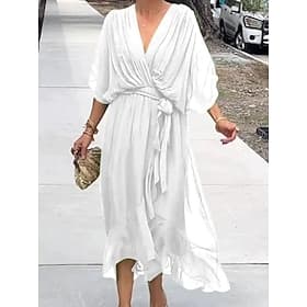Women's Midi Dress Casual Dress Elegant Fashion Modern Outdoor Vacation Going out Loose Fit Plain Half Sleeve V Neck Blue Black White Red Summer Spring