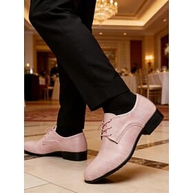 Men's Pink Crocodile-Embossed Dress Shoes, Lace-Up Faux Leather Upper, Modern Fashion Style, Perfect for Trendy Men at Weddings  Events