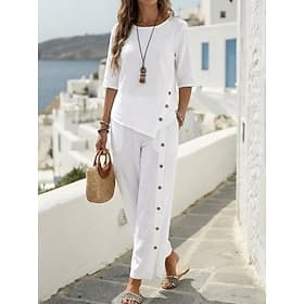 Women's Linen-feel Set Two Piece Sets Pants Sets Half Sleeve Crew Neck Plain Fashion Streetwear Casual Daily Outdoor Black White Green Spring Summer Regular F