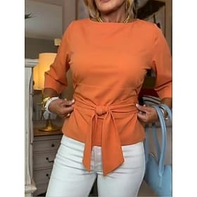 Women's Blouse Tie Front Solid Color Stylish Casual Long Sleeve Boat Neck Regular Tops Daily Blue Black Orange Light Blue Spring Fall