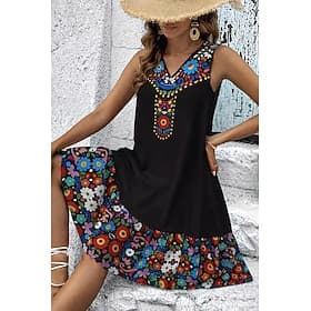 Women's Mini Dress Sundress A Line Dress Summer Dress Casual Daily Holiday Loose Fit Floral Graphic Tribal Sleeveless V Neck Black Beige Summer Spring