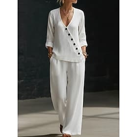 Women's Linen-feel Set Pants Sets Short Sleeve V Neck Solid Color Fashion Streetwear Casual Daily Outdoor Blue Black White Spring  Summer Loose Fit