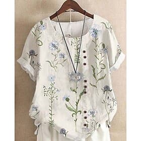 Femmes Chemise Chemises effet lin Chemisier Imprimé Fleuri Graphique Occasionnel Manche Courte Col ras du cou Col Rond Hauts Longs Quotidien Blanche Été Printe