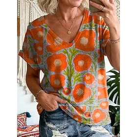Femmes T-shirt Imprimé Fleuri Graphique ancien Élégant Classique Manche Courte Col en V Hauts Réguliers Quotidien Sports Sortir Jaune Orange Vert Été Printemps