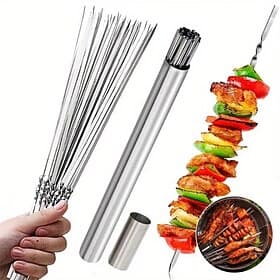 51 Pieces Stainless Steel Barbecue Skewer Set With Tubular Storage Rack, Reusable Grilling Skewers, Flat Camping Barbecue Forks, Outdoor Cooking And Picnic Coo