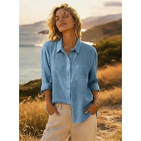Women's Shirt Button Up Blouse Long Cotton Top Pocket Buttons Plain Fashion Casual Neon  Bright Long Sleeve Shirt Collar Regular Tops Casual Blue Denim Blue Bl
