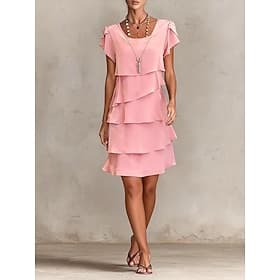 Women's Mini Dress Cocktail Dress Wedding Guest Dress Chiffon Dress Tiered Dress Elegant Evening Party Date Going out Regular Fit Pure Color Short Sleeve Crew thumbnail 2