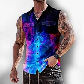 Men's Optical Illusion Flame Neon Glow Shirt Button Up Shirt Sleeveless Shirt Sleeveless Fashion Casual Outdoor Vacation Summer Spring Turndown 3D Print Front